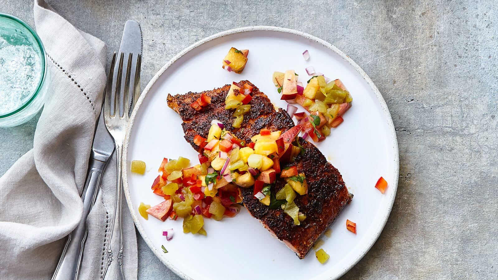 Blackened Salmon with Nectarine-Hatch Chile Salsa